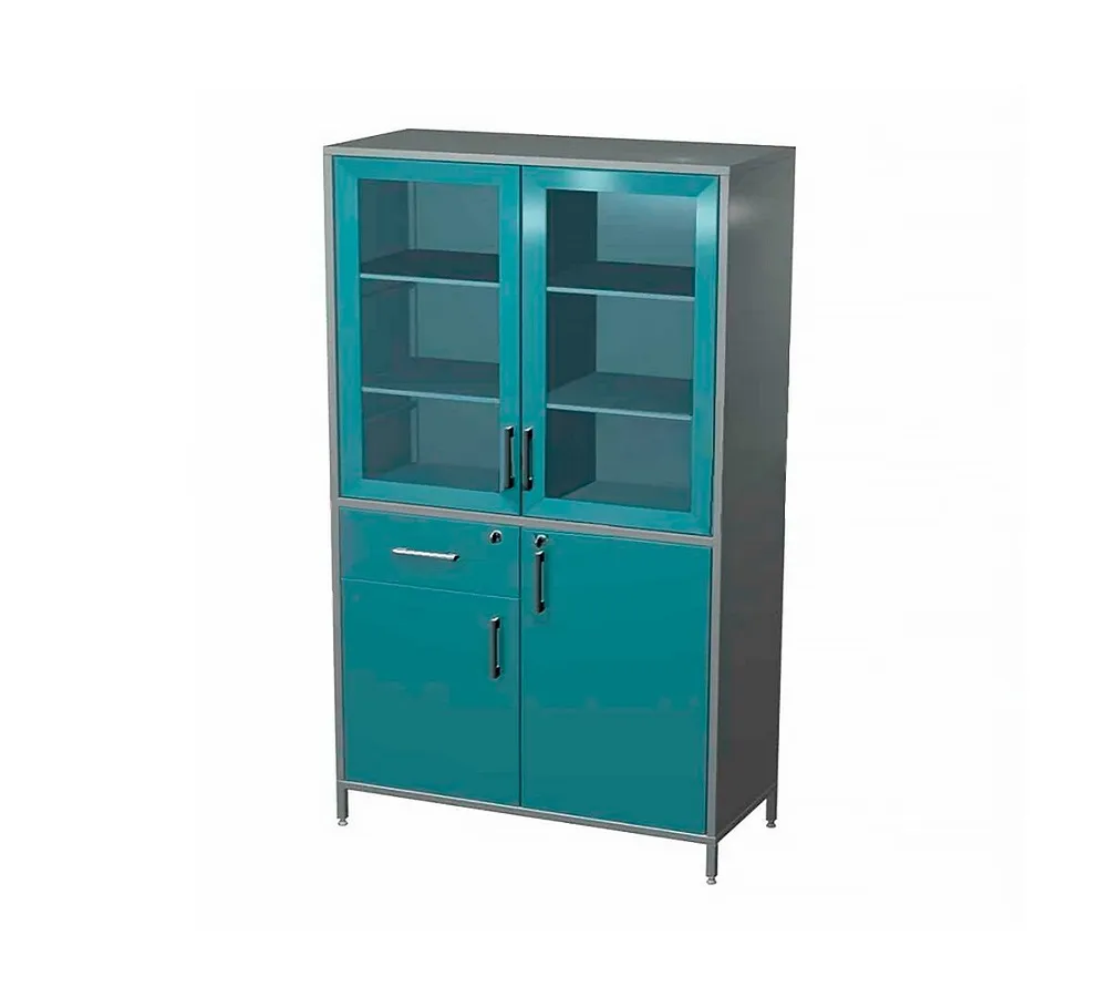 arkodor ar-x98 - шкаф с двумя распашными застекленными дверьми, двумя металлическими полками, выдвижным ящиком с замком, двумя распашными металлическими дверьми с замком, двумя металлическими полками