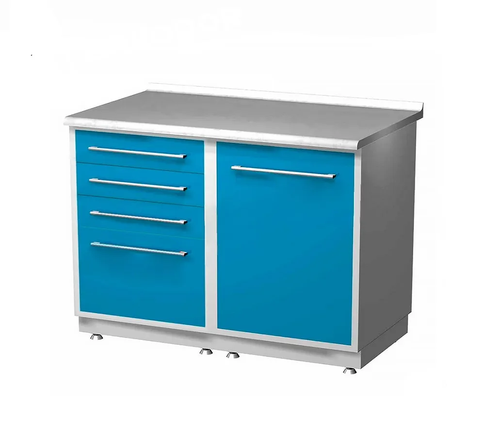 arkodor ar-l12 стол лабораторный двухтумбовый (тумба с четырьмя выдвижными ящиками, тумба с распашной металлической дверью), на столешнице стекло