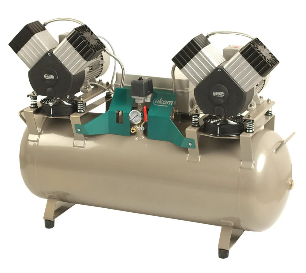 ekom dk50 2x2v/110/m безмасляный компрессор для 4-х стоматологических установок без кожуха, с осушителем, с ресивером 110 л, 215 л/мин