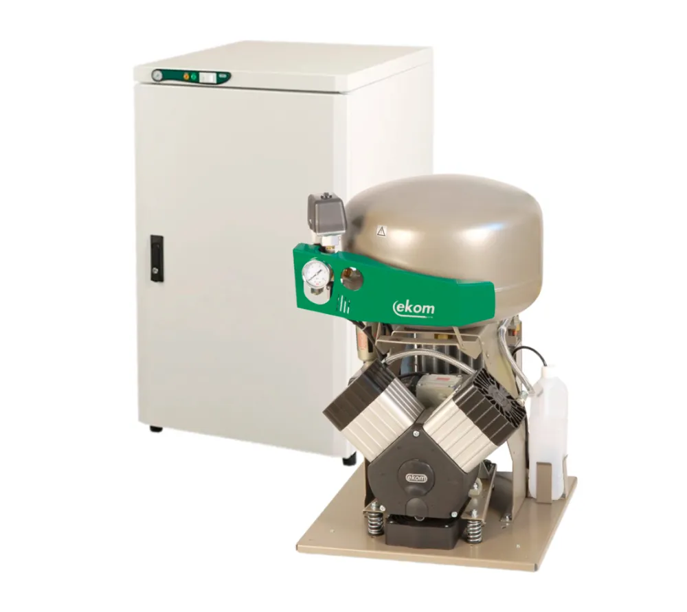 ekom dk50 2vsm безмасляный компрессор для 2-x стоматологических установок с кожухом, с осушителем, с ресивером 25 л, 115 л/мин