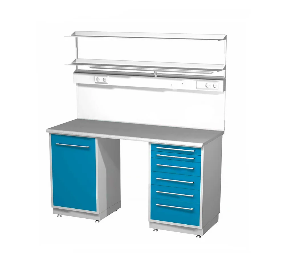 arkodor ar-l03n стол лабораторный со стеллажом двухтумбовый (тумба с распашной металлической дверью, тумба с шестью выдвижными ящиками), на столешнице стекло