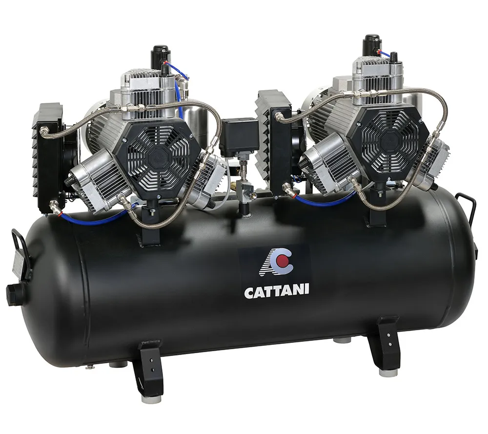 cattani безмасляный компрессор на 7 установок, с 2-мя 3-х цилиндровыми двигателями, ресивер 150 л, трехфазный