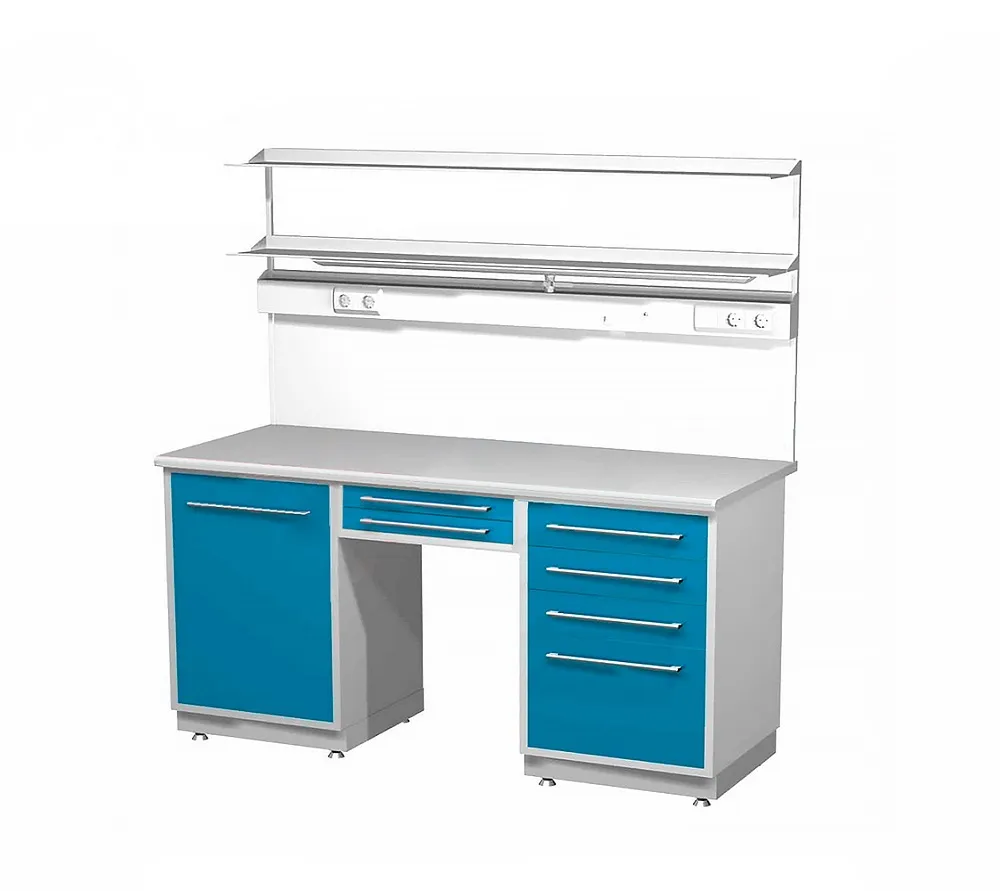 arkodor ar-l05n стол лабораторный со стеллажом двухтумбовый (тумба с распашной металлической дверью, тумба с четырьмя выдвижными ящиками, два выдвижных ящика между тумбами), на столешнице стекло