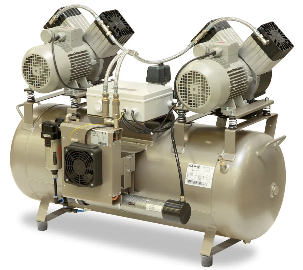 ekom dk50 2x2v/110/m безмасляный компрессор для 4-х стоматологических установок без кожуха, с осушителем, с ресивером 110 л, 215 л/мин  2