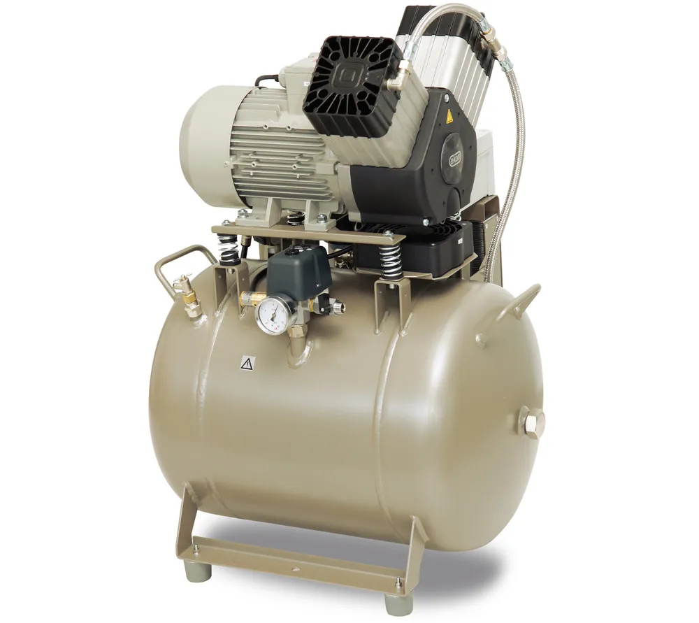ekom dk50 2v/50/m безмасляный компрессор для 2-x стоматологических установок без кожуха, с осушителем, с ресивером 50 л, 104 л/мин