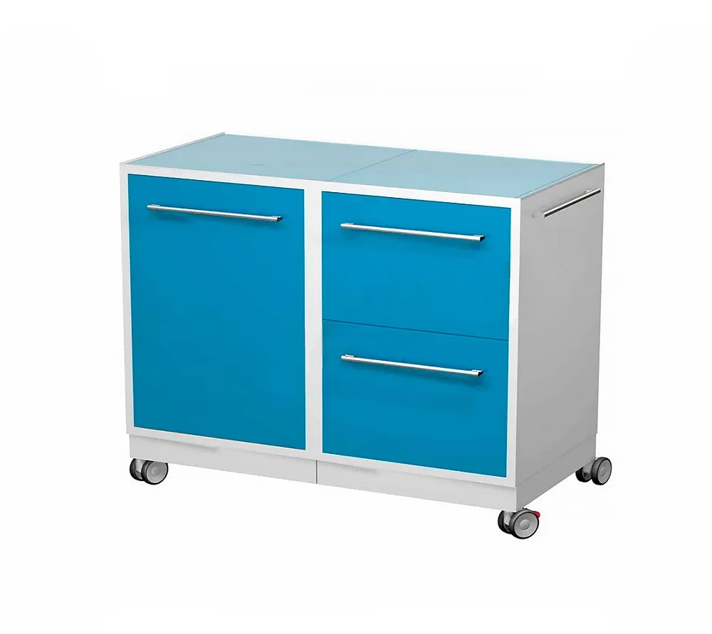 arkodor ar-42 передвижная тумба с распашной металлической дверью, двумя металлическими полками, двумя выдвижными ящиками, сверху стекло, сбоку ручка