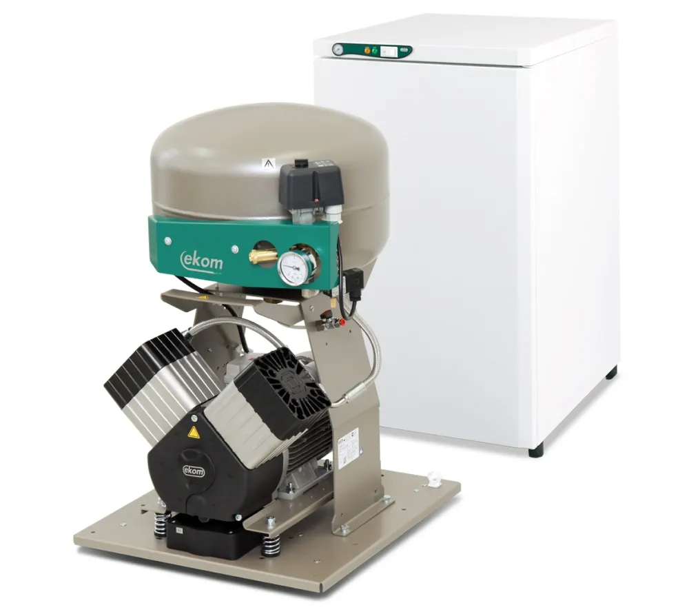 ekom dk50 2vs безмасляный компрессор для 2-x стоматологических установок с кожухом, без осушителя, с ресивером 25 л, 135 л/мин