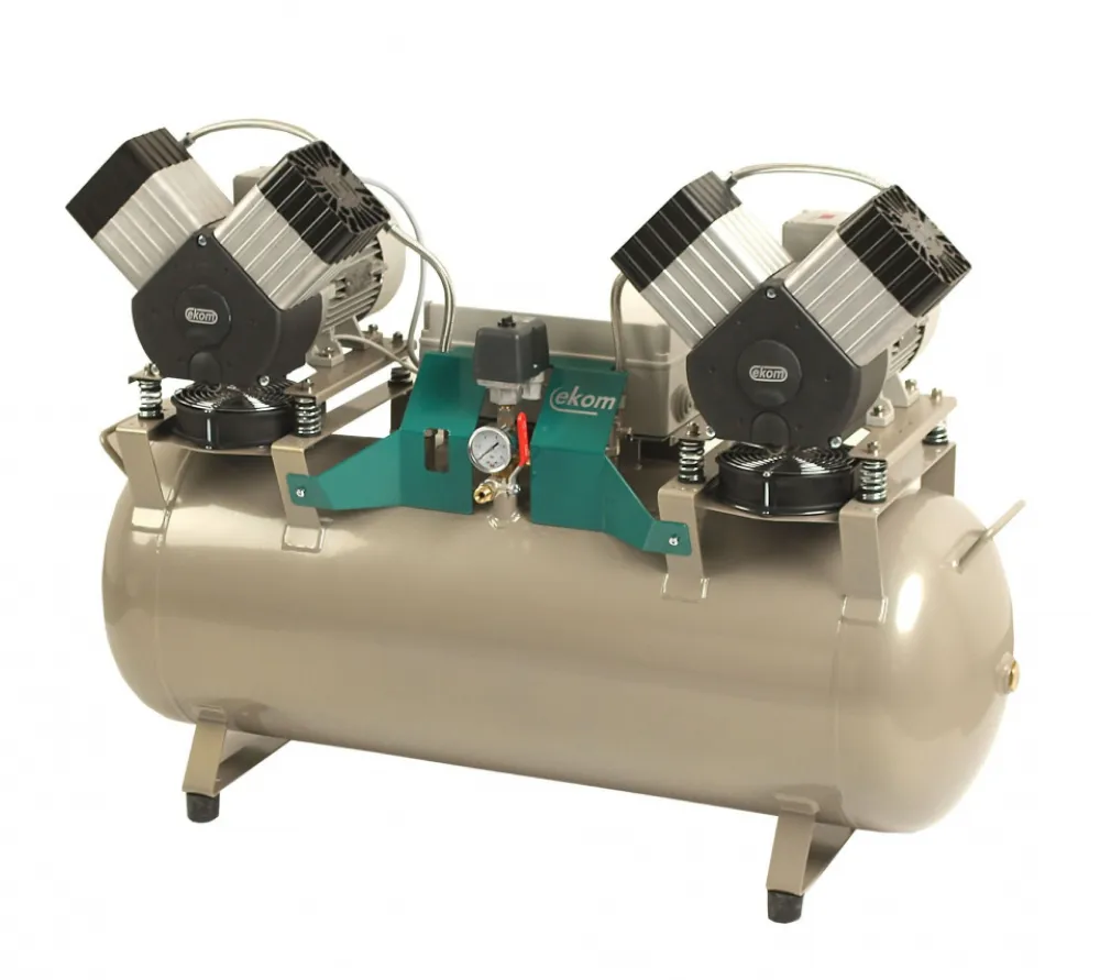 ekom dk50 2x2v/110 безмасляный компрессор для 4-х стоматологических установок, без кожуха, без осушителя, с ресивером 110 л, 270 л/мин