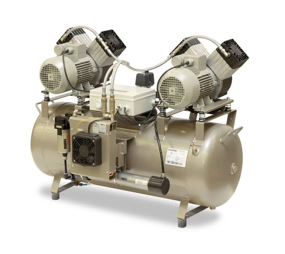 ekom dk50 2x2v/110 безмасляный компрессор для 4-х стоматологических установок, без кожуха, без осушителя, с ресивером 110 л, 270 л/мин  2