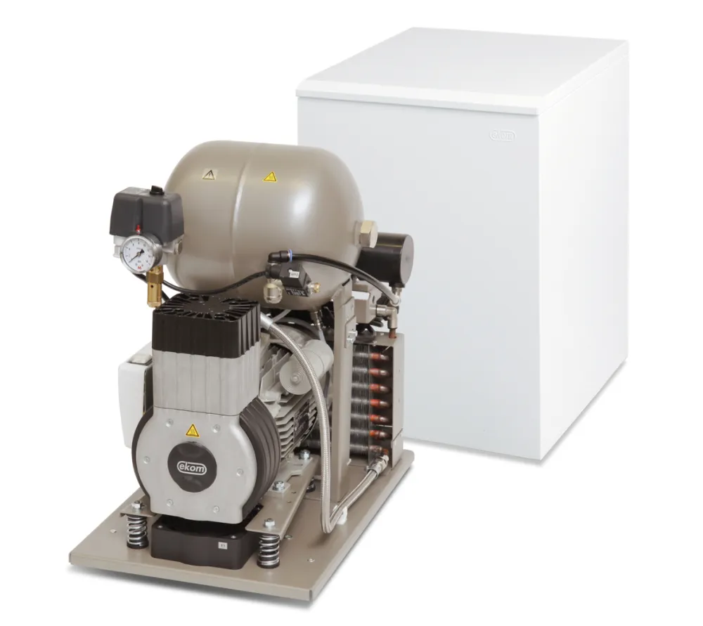 ekom dk50 10 s/m безмасляный компрессор для одной стоматологической установки с кожухом, с осушителем, с ресивером 10 л, 60 л/мин