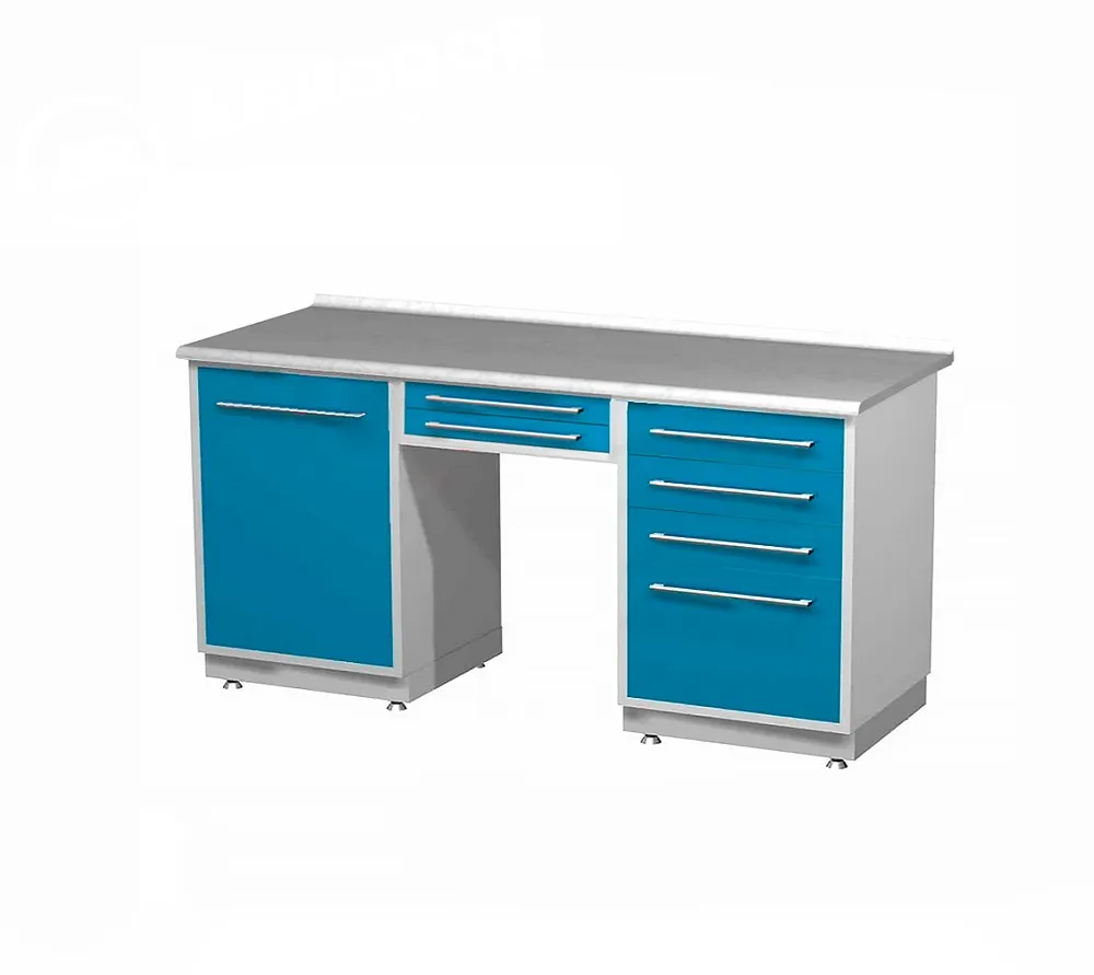 ar-l05 стол лабораторный двухтумбовый (тумба с четырьмя выдвижными ящиками, тумба с распашной металлической дверью, два выдвижных ящика между тумбами), на столешнице стекло