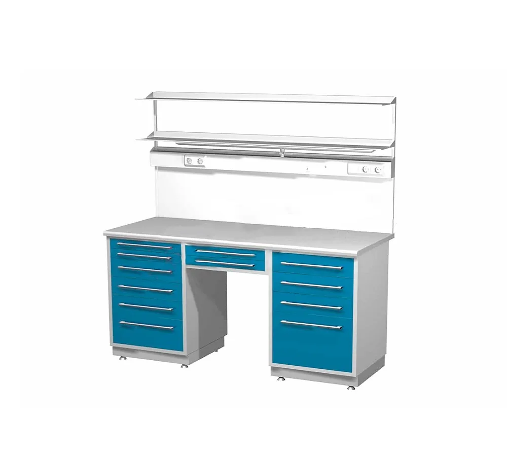 arkodor ar-l06n стол лабораторный со стеллажом двухтумбовый (тумба с шестью выдвижными ящиками, тумба с четырьмя выдвижными ящиками, два выдвижных ящика между тумбами), на столешнице стекло