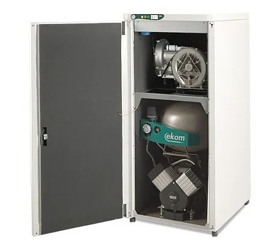 ekom duo 2 безмаслянный компрессор с аспиратором в одном корпусе для двух стоматологических установок, с кожухом, с ресивером 25 л, 135 л/мин